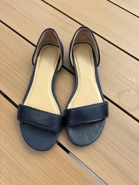 Talbots Navy Leather D'Orsay Flat Sandals with Ankle Strap